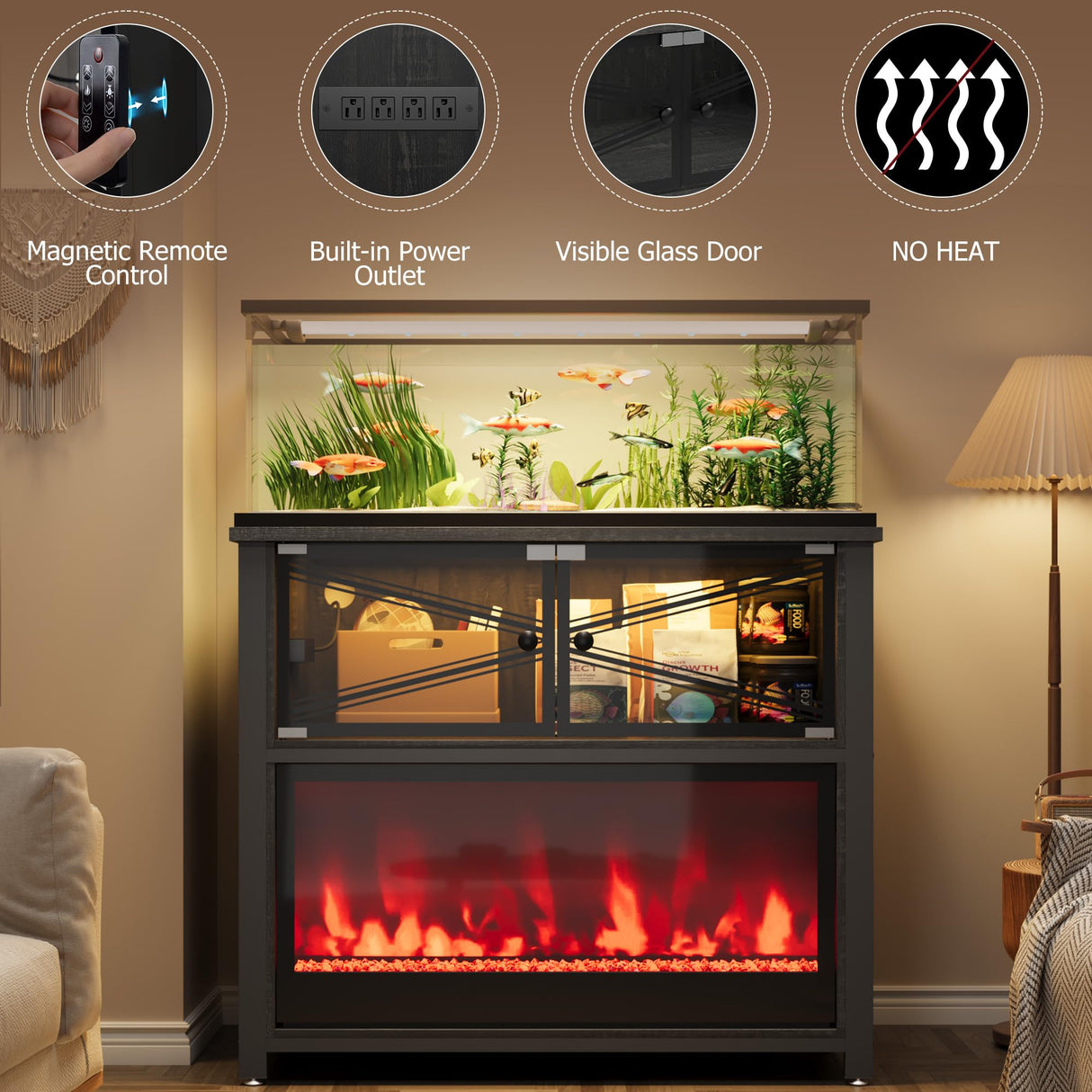 40-50 Gallon Fish Tank Stand with 20-Color LED Flames, No Heat, Metal Frame Structure Aquarium Stand, Glass Doors Storage Cabinet Holds Up to 700 LBS, Fit for Turtle Tank, Reptile Tank (Black) Rresyet