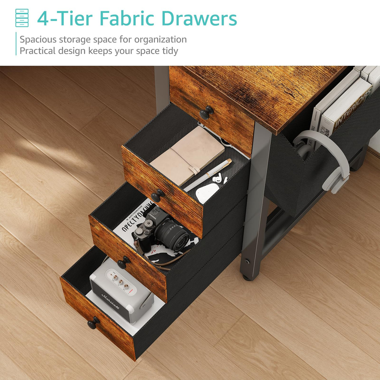 Lufeiya L Shaped Desk with Drawers & Storage Shelves, 47 Inch Corner Computer Desk with Power Outlet for Home Office Bedroom, L-Shaped Gaming PC Desks with Fabric Drawer, Rustic Brown Lufeiya