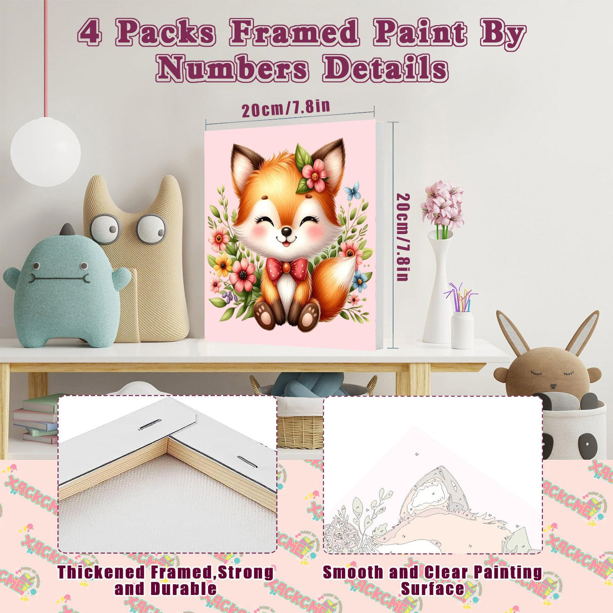 4 Pack Animal Paint by Number for Kids with Wooden Frame, Paint by Numbers for Kids Animals Ages 4-8-12, Easy Elephant Fox Sea Turtle Horse DIY Acrylic Oil Painting Kits for Home Wall Decor (8X8 inch) xackcme