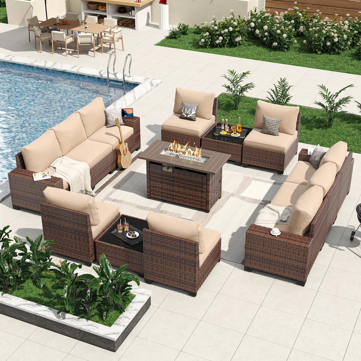 Aoxun 13 Pieces Patio Furniture Set with 44” Fire Pit Table Wicker Rattan Outdoor Sectional Conversation Set with Coffee Table and 4” Thickened Cushions, Beige (Waterproof Cover Included) Aoxun