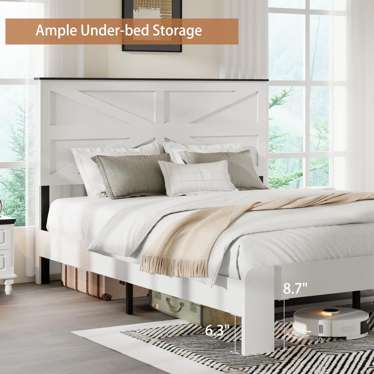 madeslves Farmhouse King Size Wooden Bed Frame with Headboard, Boho Platform Bedframe, Sturdy Metal Slats Support, No Box Spring Needed, Noisy Free, Easy Assembly, White madeslves