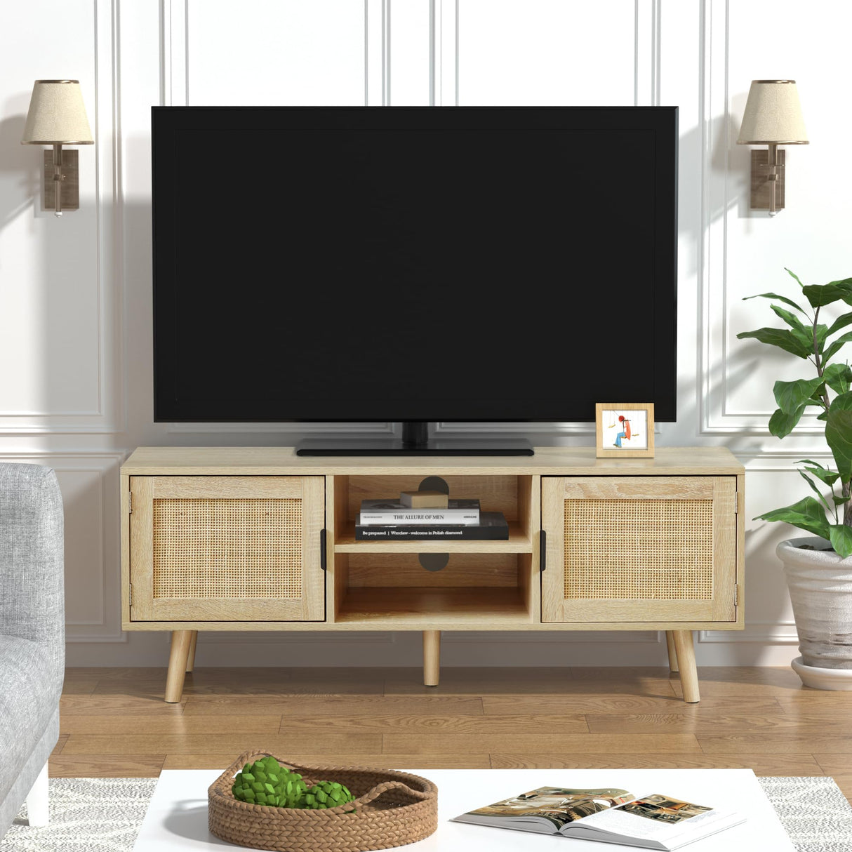 Anmytek Farmhouse Rattan TV Stand Modern Wood Media Entertainment Center Console Table for TVs up to 55 Inches with 2 Doors and 2 Open Shelves, Natural Oak, H0015 Anmytek