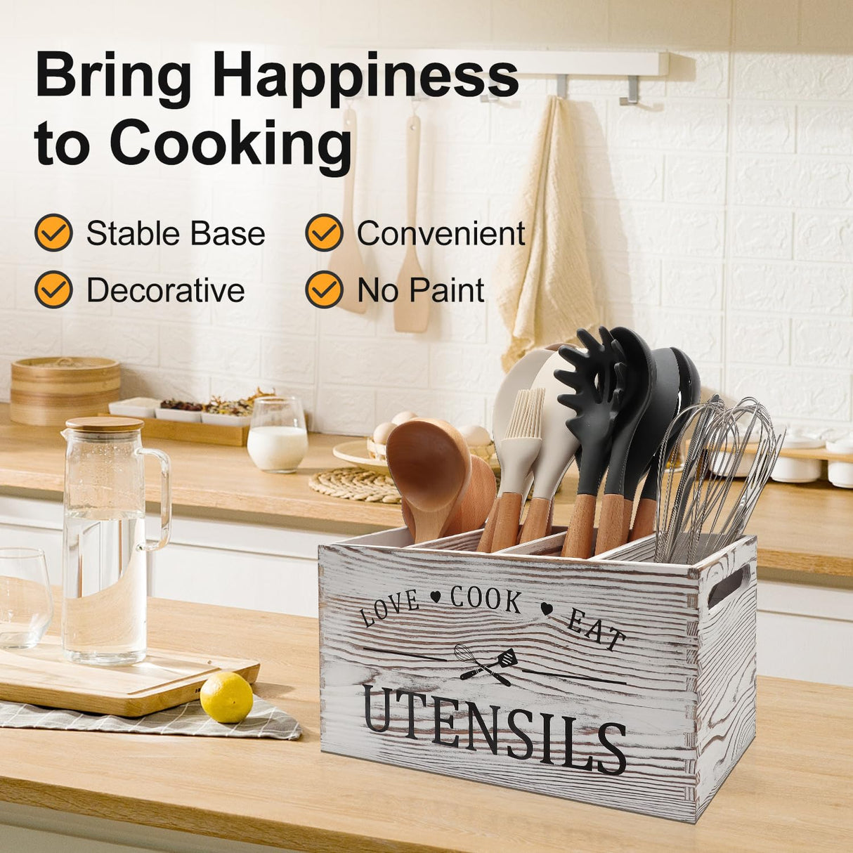 Rustic White Wooden Utensil Holder for Kitchen Counter Decor Extra Large Utensil Crock Organizer Silverware Caddy Farmhouse Wood Cutlery Holder Cooking Utensil Stand Storage kitchen Tools Holder Renawe