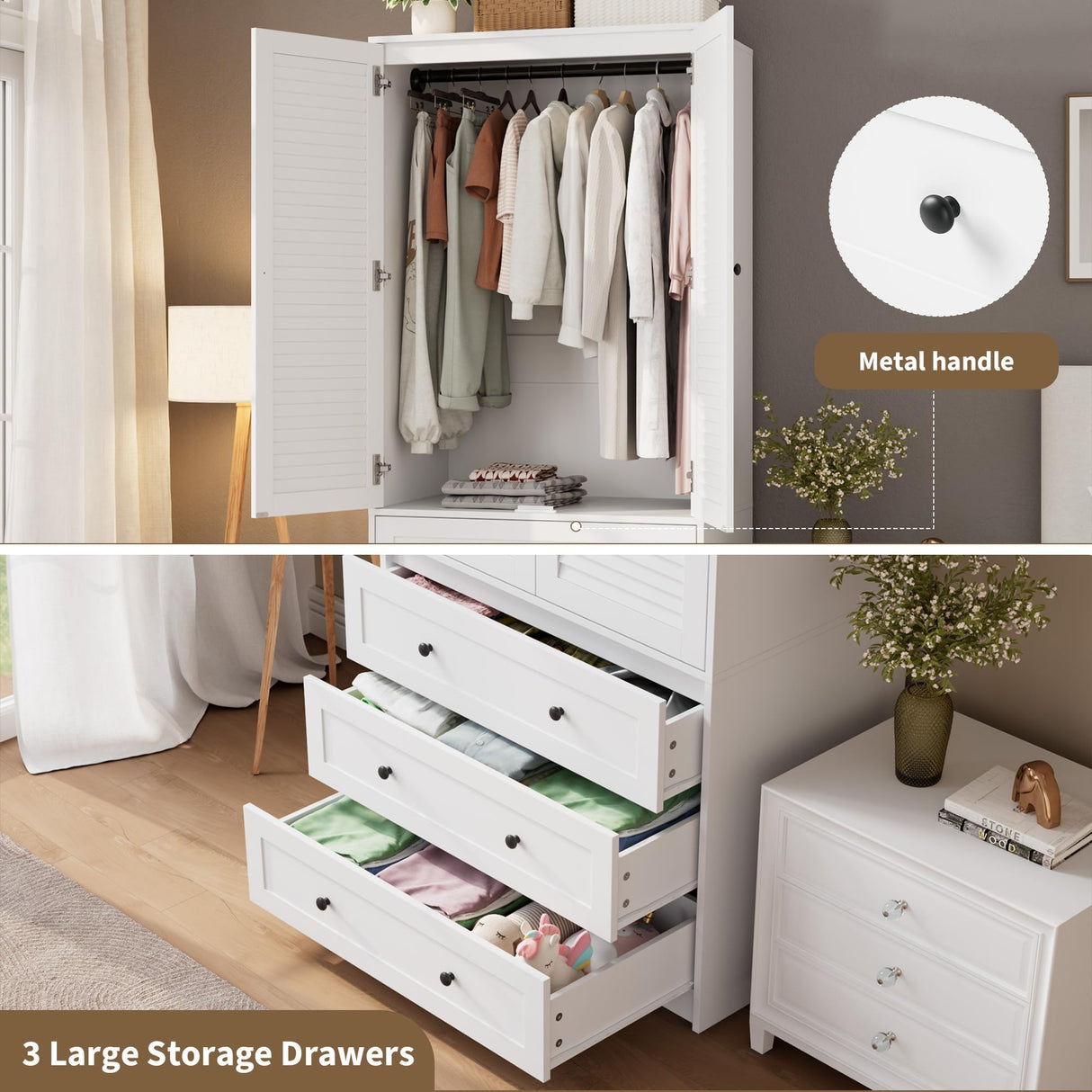 Senfot Armoire Wardrobe Closet with 3 Drawers and 2 Doors, Modern Wooden Wardrobe Cabinets for Hanging Clothes, Tall Standing Bedroom Armoires, Heavy Duty, White Senfot