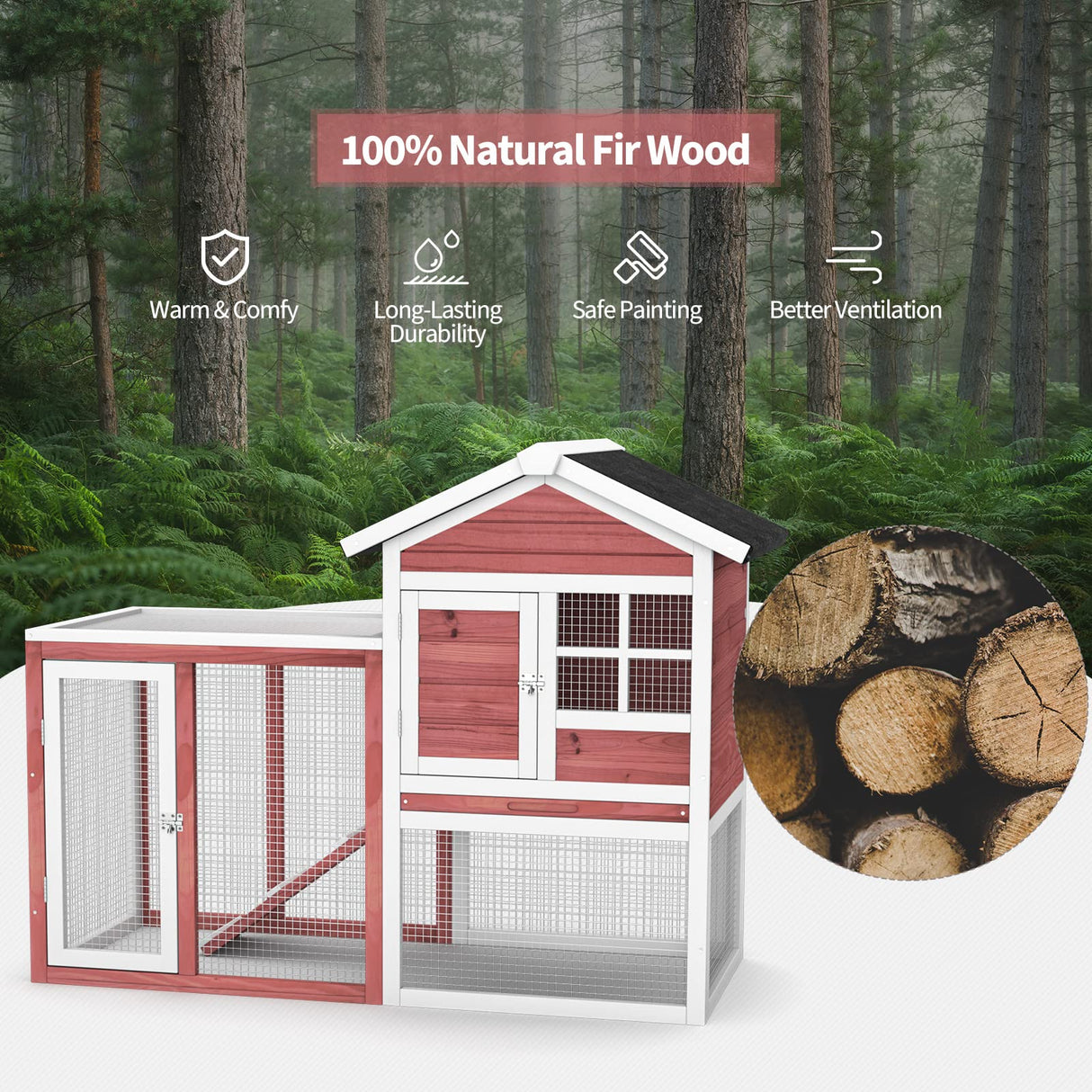 Tangkula Wood Rabbit Hutch, Outdoor Indoor Bunny Cage with Run, Removable Tray, Ramp, Ventilate Door, Waterproof Roof Chicken Coop Pet House for Chicken Rabbit Guinea Pig, 48.5 x 25 x 37 Inch, Red Tangkula