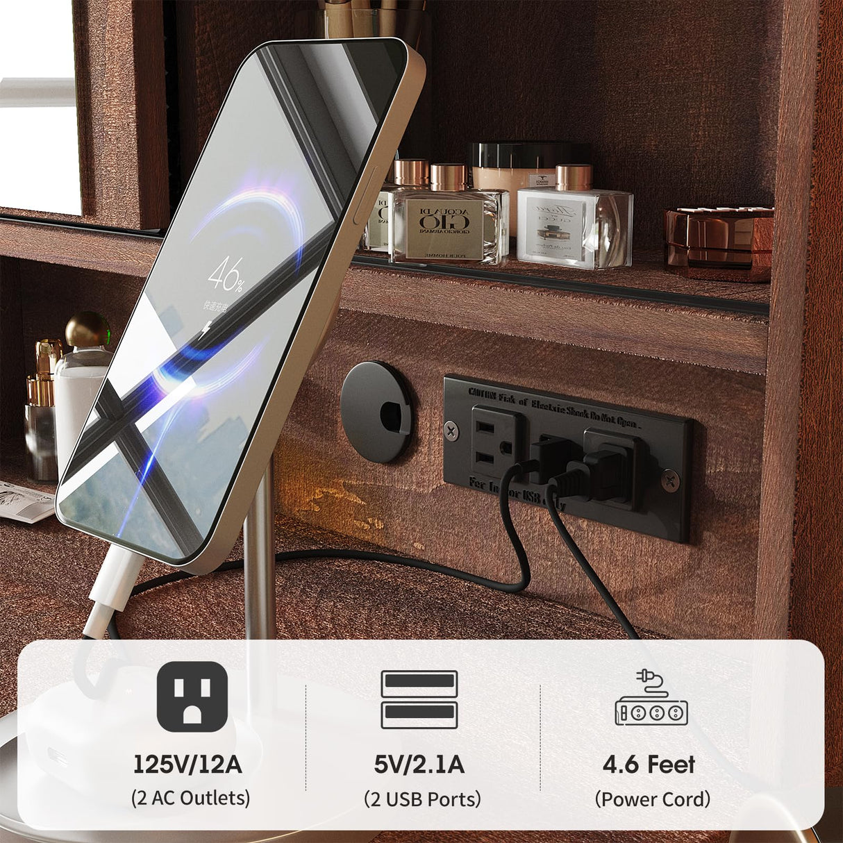 Maupvit Farmhouse Makeup Vanity Desk with Sliding Mirror, 45.5" Vanity Set with 3 Drawers & 2 RGB LED Cabinets & Charging Station, Ample Storage, Stool Included, Brown Maupvit