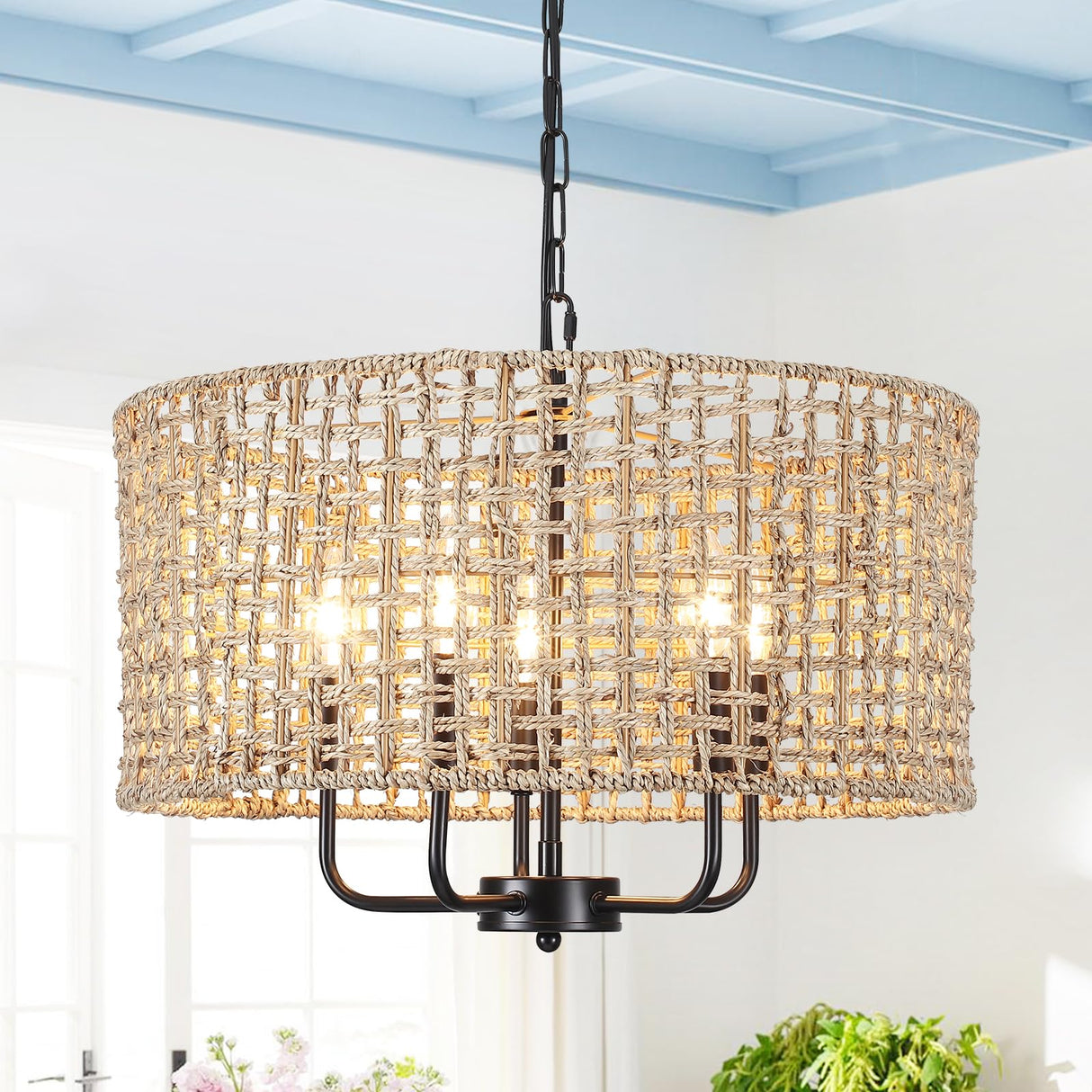 Rattan Chandelier Farmhouse 5 Lights Hand Woven Large Boho Chandeliers for Dining Room Light Fixture Hanging 19" Wicker Pendant Lighting Drum Chandeliers for Living Room Kitchen Island Foyer Hallway MRHYSWD