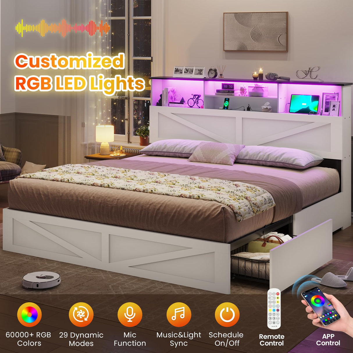 VIAGDO Farmhouse Bed Frame King Size with Bookcase Storage Headboard, Charging Station and LED Lights, Wooden King Bed Frame with 4 Drawers, Barn Door Design, No Box Spring Needed, No Noise, White VIAGDO