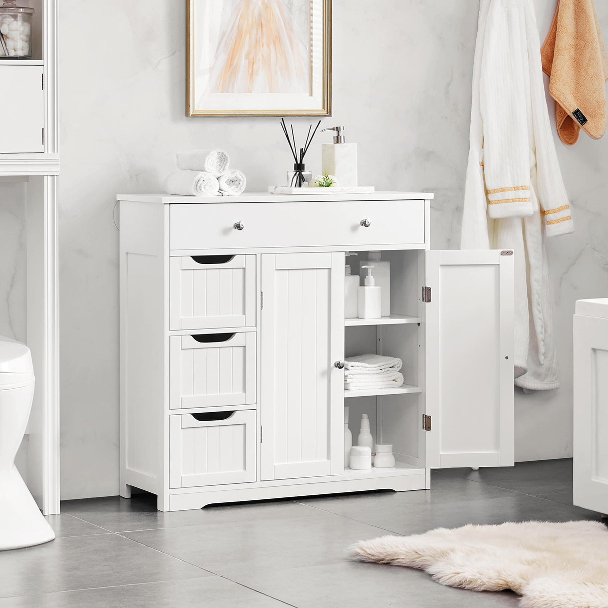 Topeakmart Bathroom Free-Standing Floor Cabinet, Practical Storage Cabinet with 4 Drawers and 2 Doors for Kitchen, Entrance Area, Living Room, Adjustable Shelves, Ample Space White Topeakmart