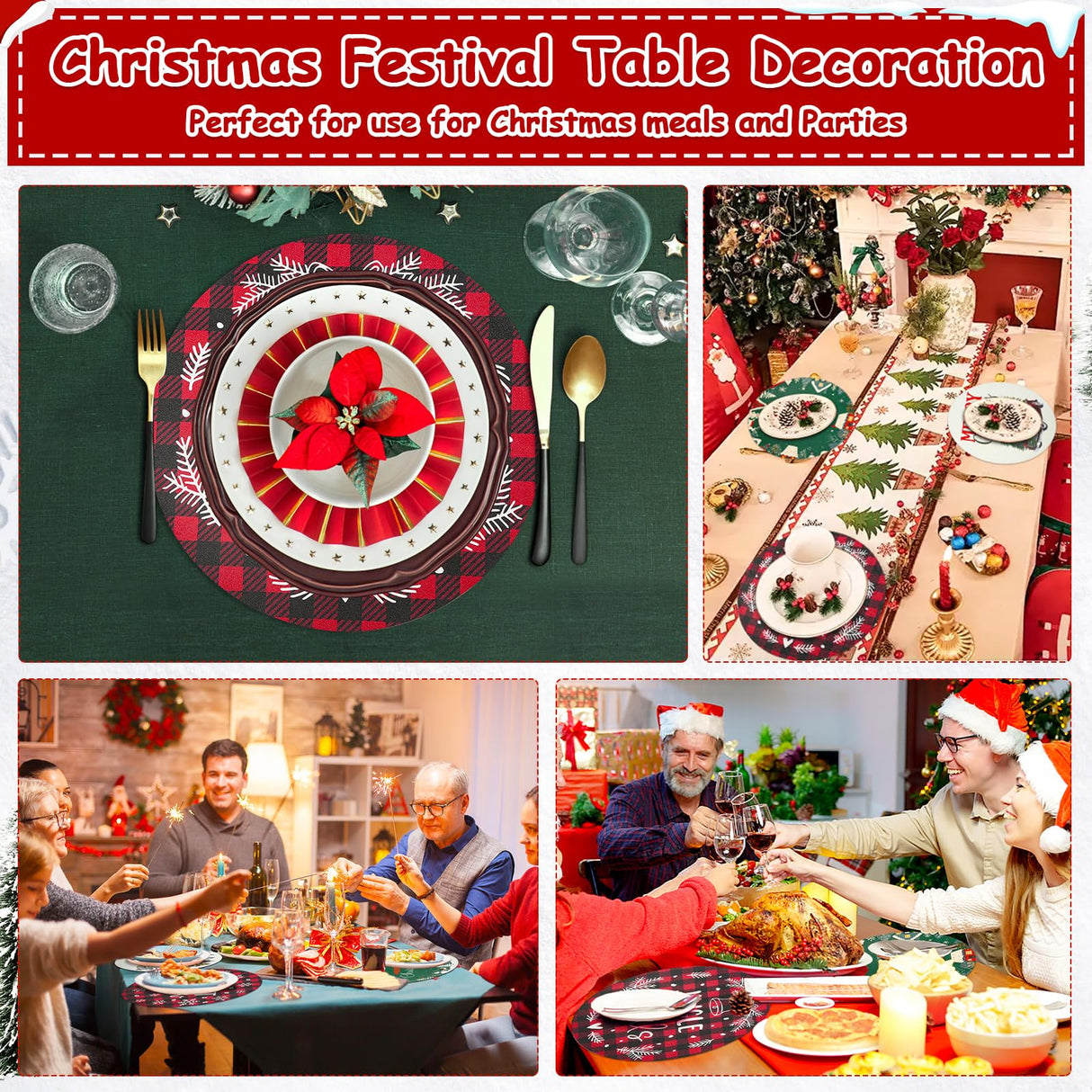 Christmas Placemats Set of 6 Faux Leather Washable Dining Table Mats 13Inch Round Heat Resistant Wipeable Waterproof Placemats for Holiday Parties Dinner Home Kitchen Decor Winter Truck Xmas Tree Mats Lucomb