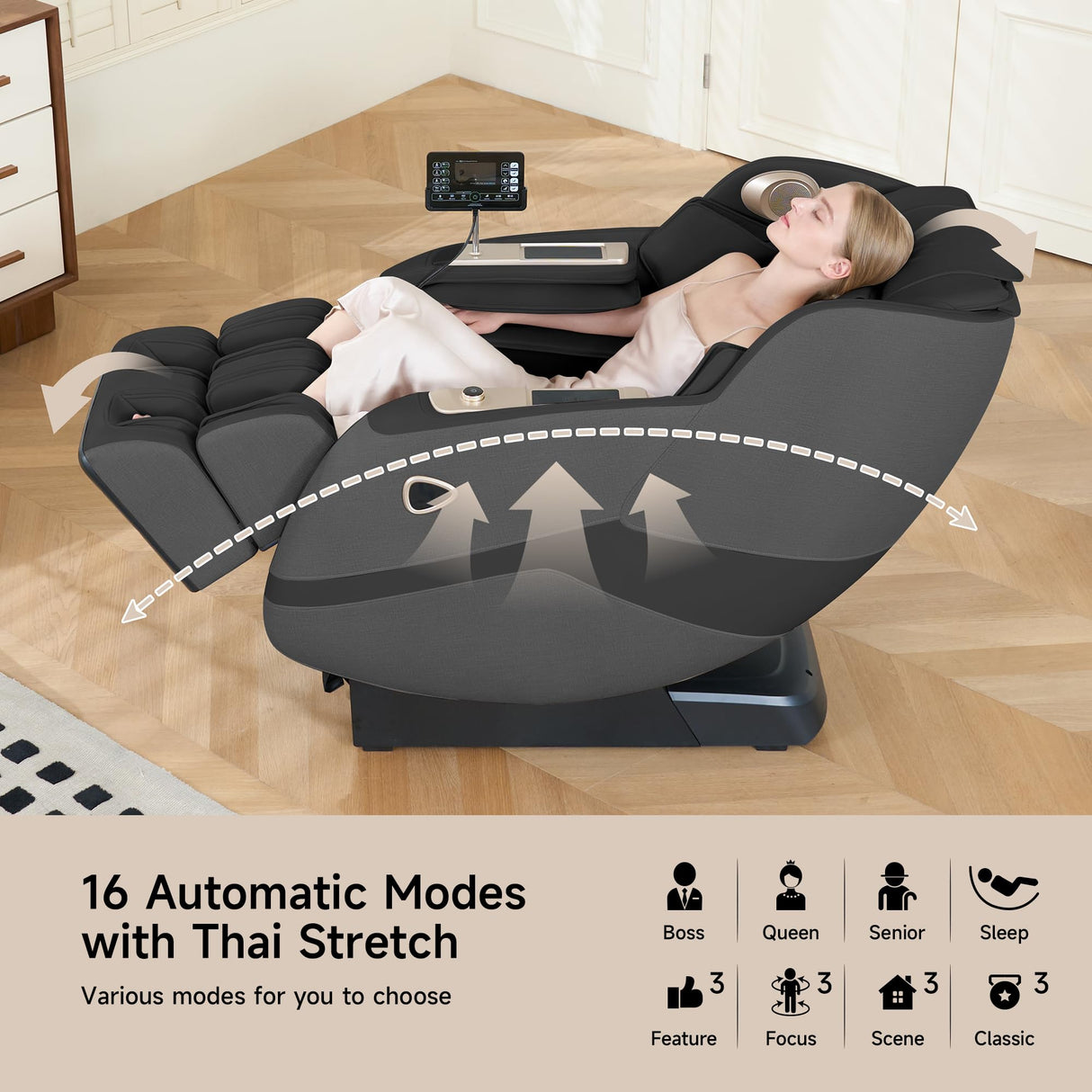 springspa 4D Full Body Massage Chair SL-Track, Zero Gravity Recliner with 16 Auto Modes, Thai Stretch, Shortcut Button, Back Heating, Bluetooth Speaker, Wireless Phone Charger, Q11 Black springspa