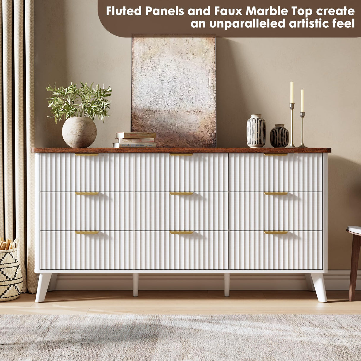 Garvee 9 Drawers Dresser for Bedroom, 60.6" Wide Dressers with Curved Profile Design, Fluted Wood Drawers with Gold Handle, Modern Chest of Dressers with Thickened Design for Living Room, White Garvee