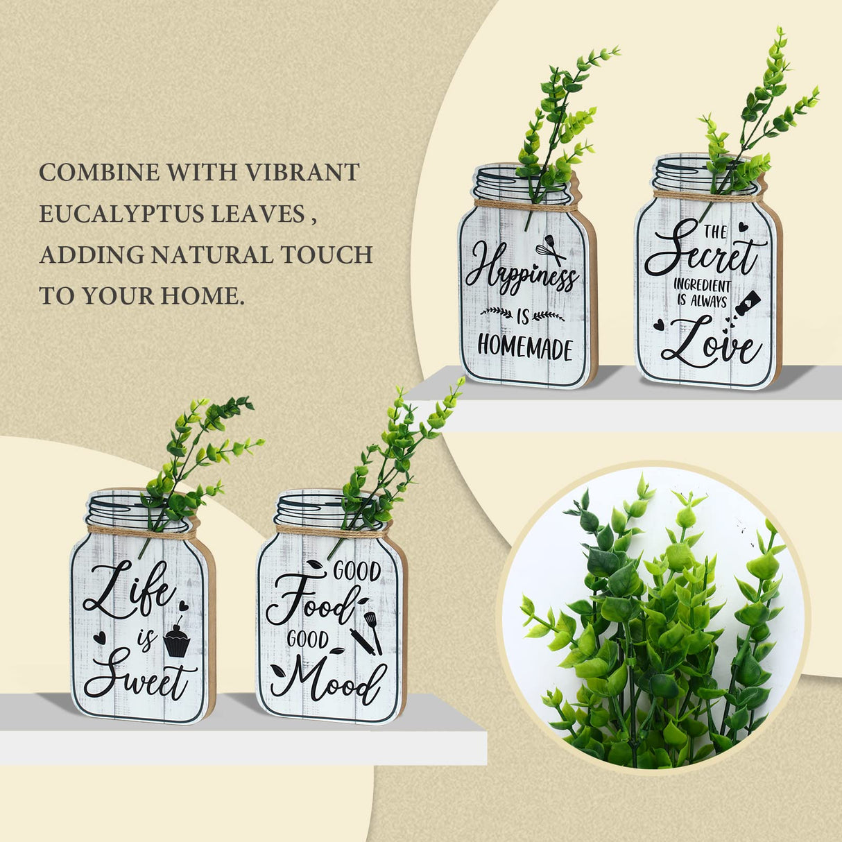 Bnesi Kitchen Wall Decor,Rustic Farmhouse Decorations,4 Pcs Mason Jar Wooden Rustic Kitchen Decor for Wall (beige) Bnesi