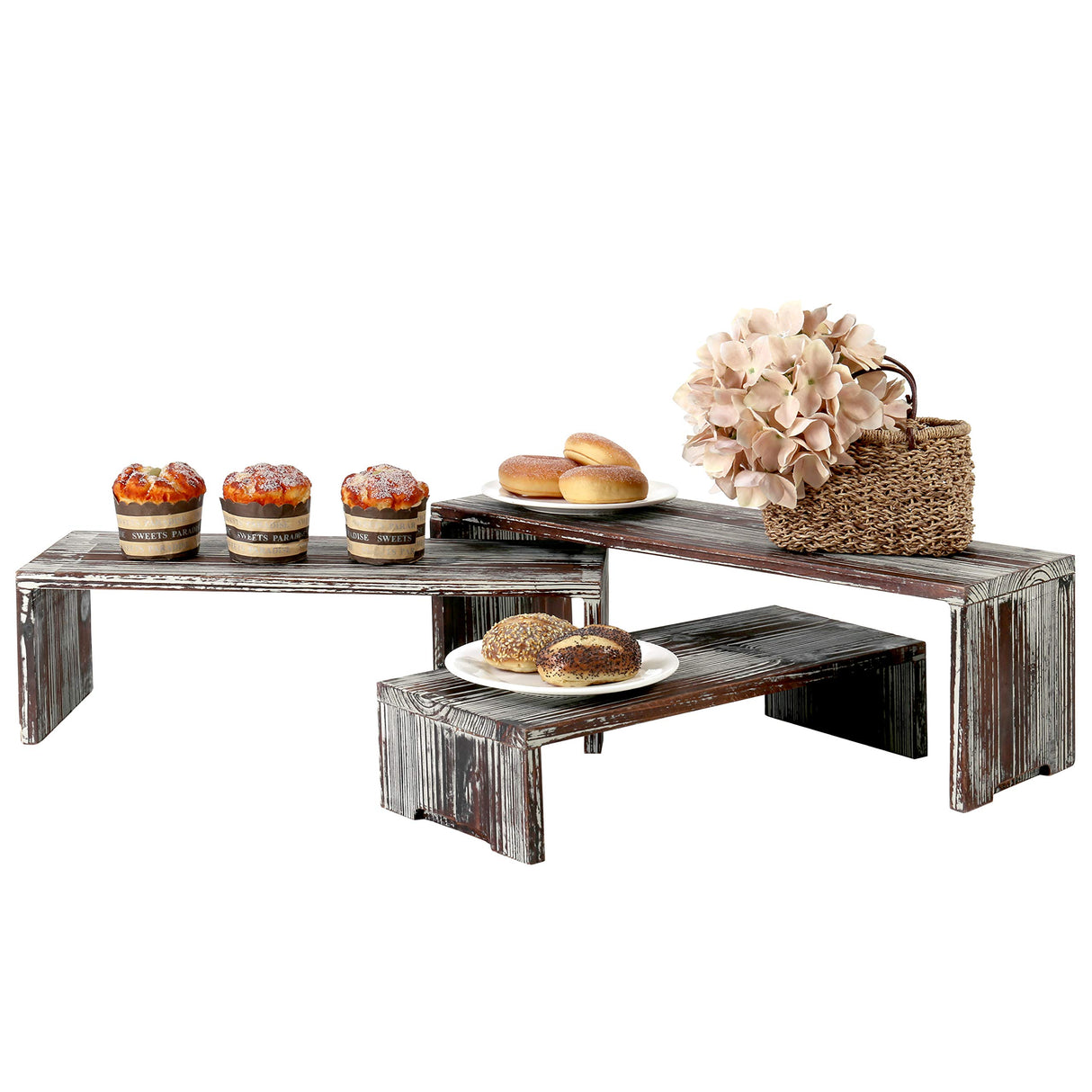 MyGift 3-Tier Rustic Torched Wood Dessert Display Risers, Tabletop Nesting Cupcake Stands, Retail Merchandise and Collectible Figurine Shelf, 3 Piece Set MyGift