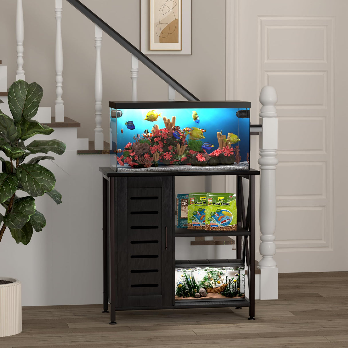 Herture 20-29 Gallon Fish Tank Stand, Aquarium Stand with Cabinet Accessories Storage, Heavy Duty Metal Frame, 31.49" L*15.74" W Tabletop, 330LBS Capacity, Black PG07YGB Herture