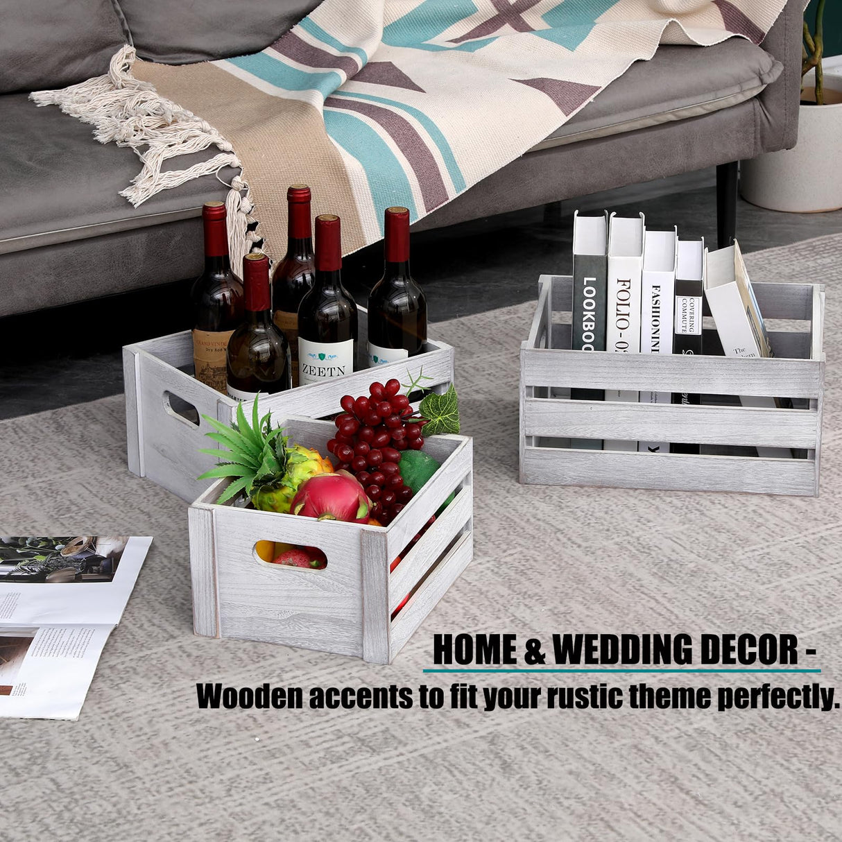 LKMANY Decorative Wood Crates Nesting Crates Storage Container,Rustic Wooden Crates for Storage, Display, Decor, Boxes-Nature Rustic White Set of 3 LKMANY