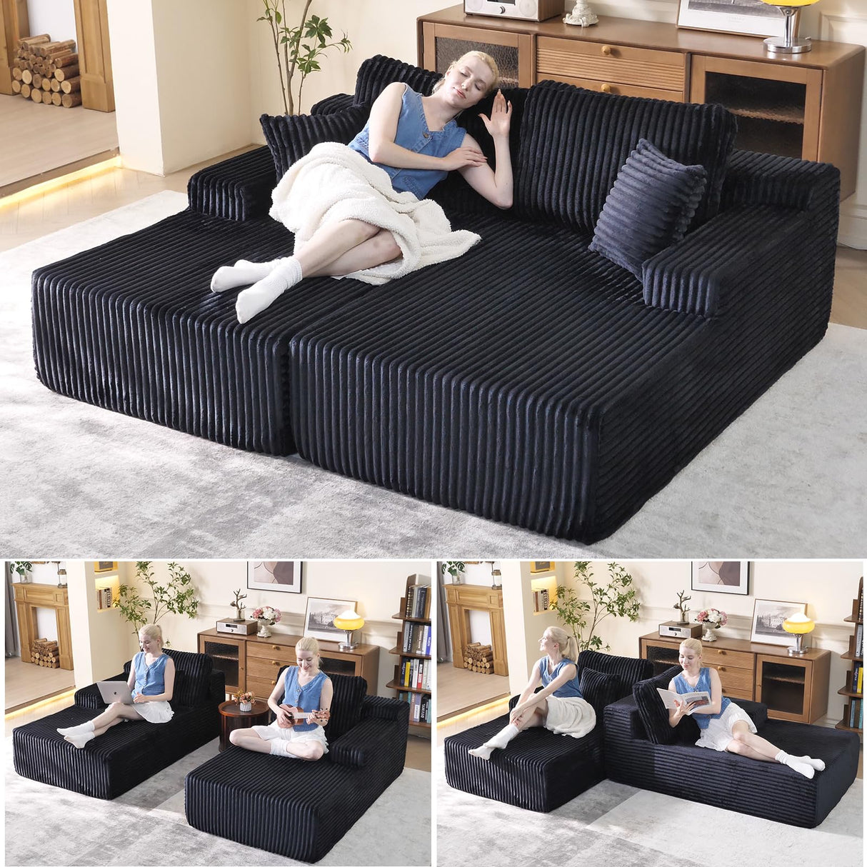 Oversized 79” Double Chaise Lounge Sofa Bed, Deep Seat Corduroy Cloud Loveseat Chair, No Assembly, Plush Upholstered Sleeper for Living Room or Bedroom (Black) WHGBJA