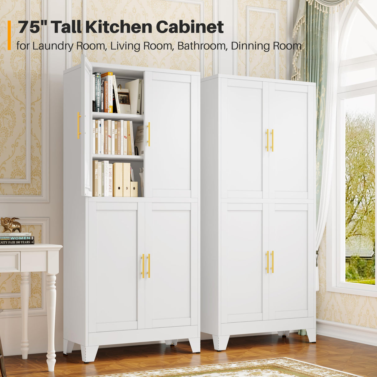 winiowa 75" Tall Kitchen Pantry Cabinet, Metal Storage Cabinet with Doors and Adjustable Shelves, White Freestanding Pantry Cabinet for Kitchen, Dining Room, Living Room, Laundry Room, Bathroom winiowa