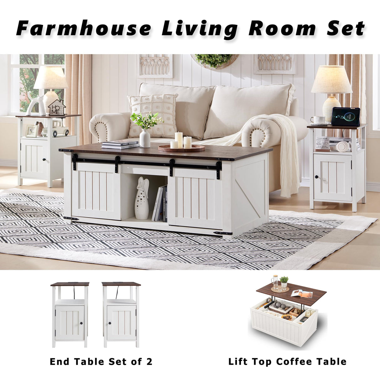 IFGET Farmhouse Nightstand Set of 2, End Table with Charging Station, Rustic Side Table w/Barn Door & Open Shelves, Bedside Table w/Storage Space and Storage Cabinet for Bedroom, Living Room (White) IFGET