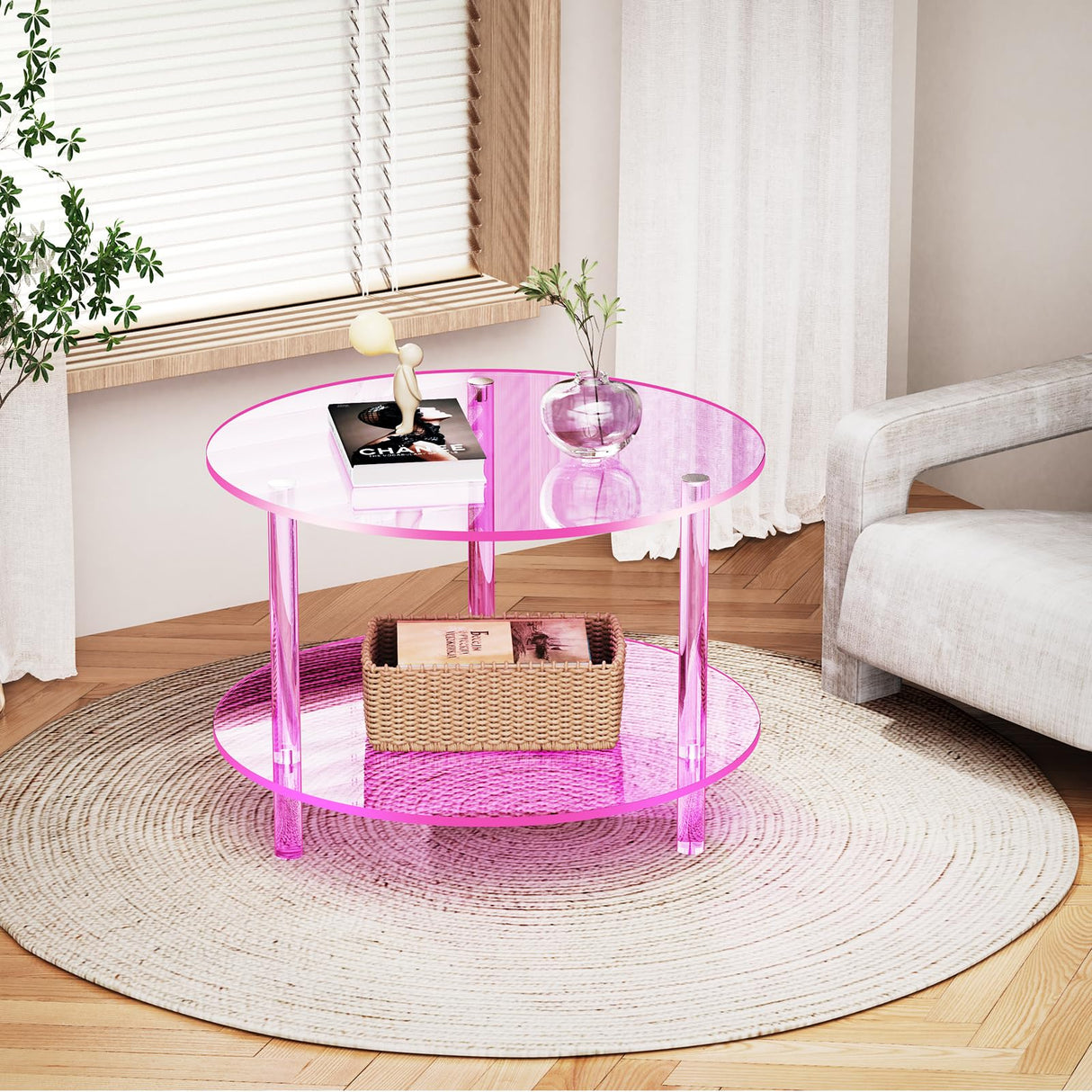 solaround Acrylic Coffee Table, Small Round Modern Coffee Table for Living Room, Pink solaround