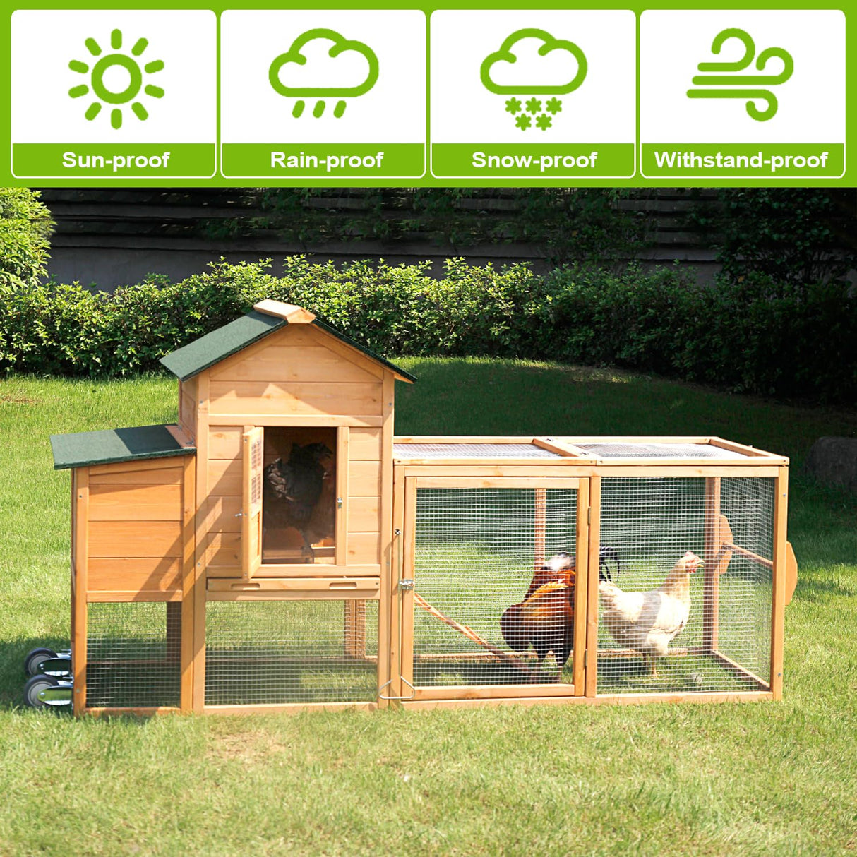 Ecolinear 80” Mobile Chicken Coop for 1-2 Chickens with Wheels,Outdoor Wooden Hen House with Nesting Box,Large Rabbit Hutch, Outside Poultry House,Wire Fence Run Cages,Weatherproof for Backyard,Wood ECOLINEAR