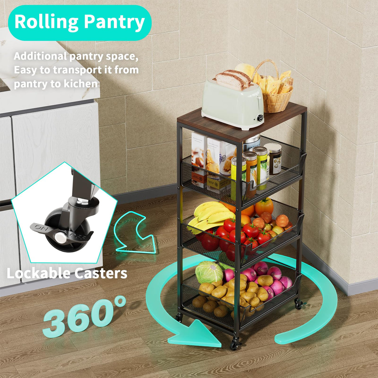 HapiRm Fruit Basket Kitchen Cart - 4-Tier Rolling Storage Cart with Wheels, Fruit Vegetable Basket with Wood Top, Pantry Utility Kitchen Organizer for Fruit Potato Onion Vegetable Bread Snack HapiRm