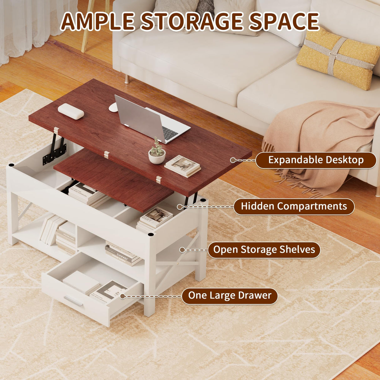 Lift Top Coffee Table with Storage, Grey Lift Top Coffee Table with Drawers&Hidden Compartment, Multi-Functional Center Table, Convertible Coffee Tables into Dining Table for Home Living Room (White) SAHISTCT
