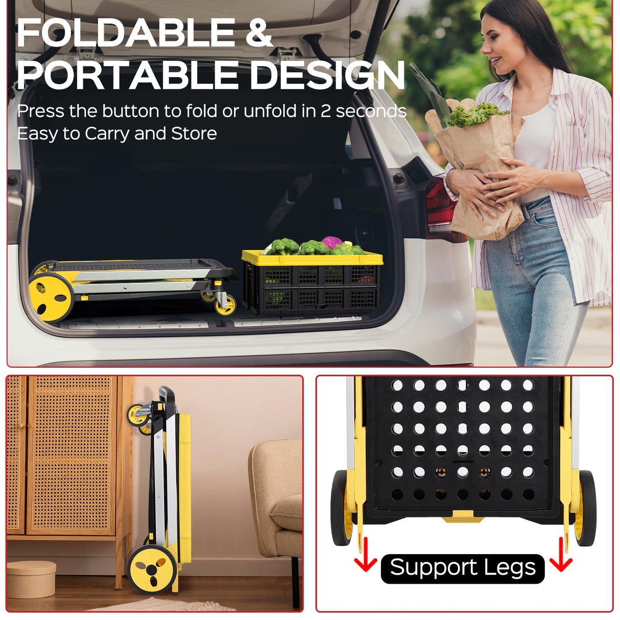 TOLRET Utility Cart, 200 lbs Capacity Folding Shopping Cart, Multi-Functional Collapsible Cart, Platform Hand Truck with Foot Brake, Grocery Cart on Wheels Foldable with Storage Crate, Yellow TOLRET