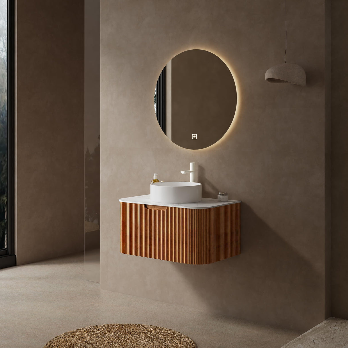 GUCOGUKA 30'' Floating Vanity with Sink Combo, Modern Wall-Mounted Curved Edges Striped Bathroom Storage Cabinet with Soft-Close Drawer and White Artificial Marble Basin, Natural Walnut GUCOGUKA
