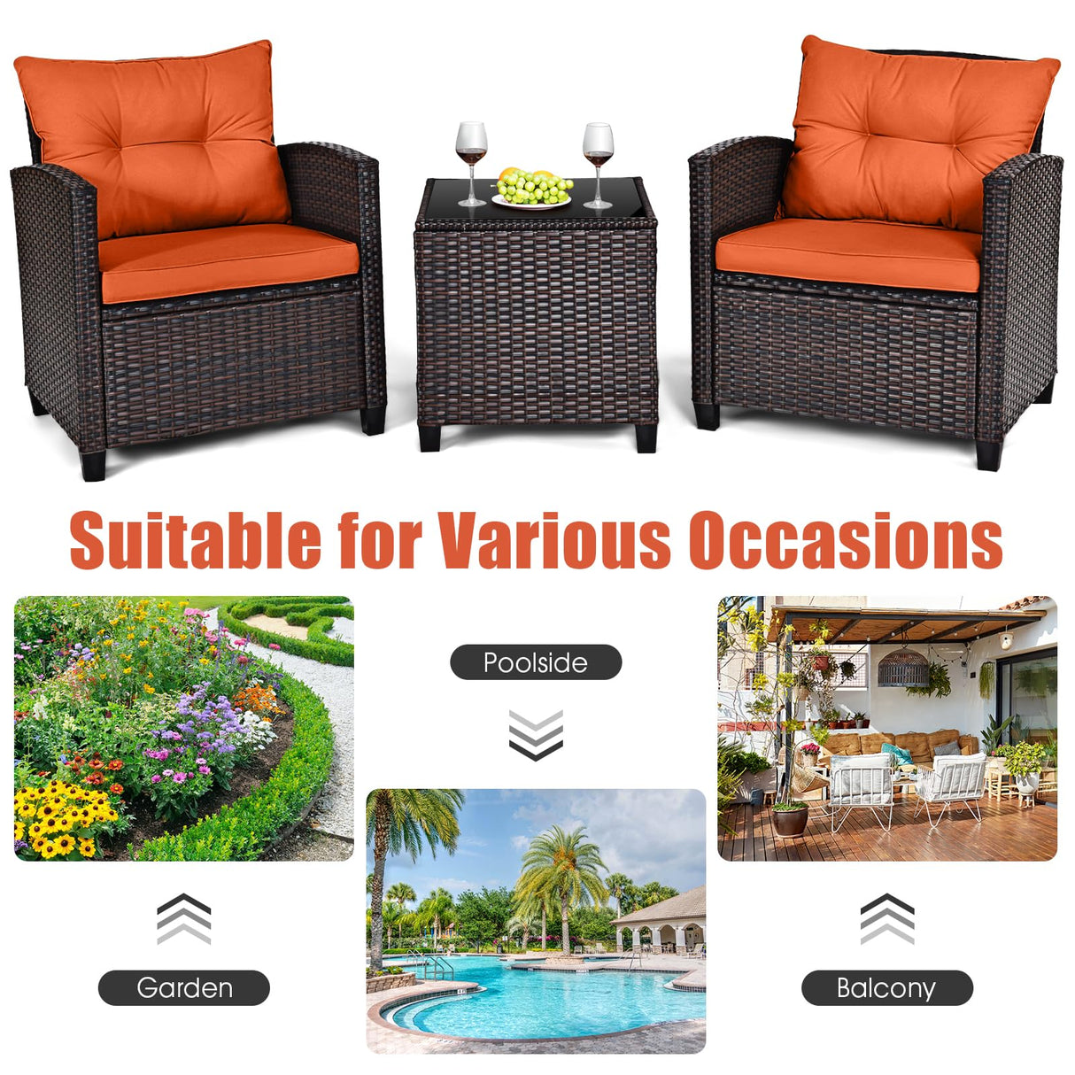 KOTEK 3 Piece Patio Furniture Set, Outdoor Conversation Set with Washable Cushions & Tempered Glass Tabletop, PE Rattan Wicker Bistro Set for Porch, Garden, Balcony (Orange) KOTEK