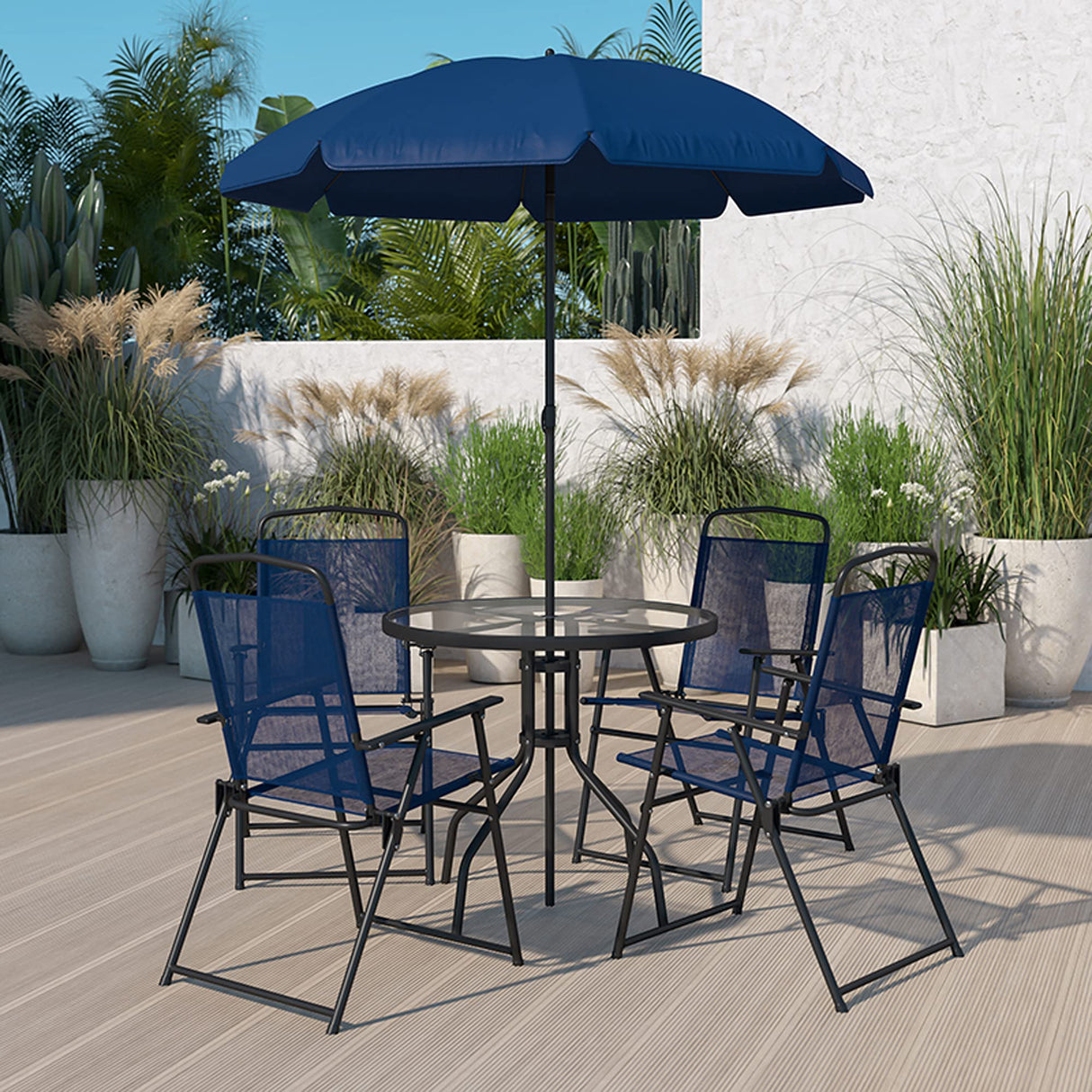 Flash Furniture Nantucket 6-Piece Patio Dining Set with Glass Table, 4 Folding Chairs, and Umbrella, Outdoor Patio Table, Chairs, Umbrella Set, Navy Flash Furniture