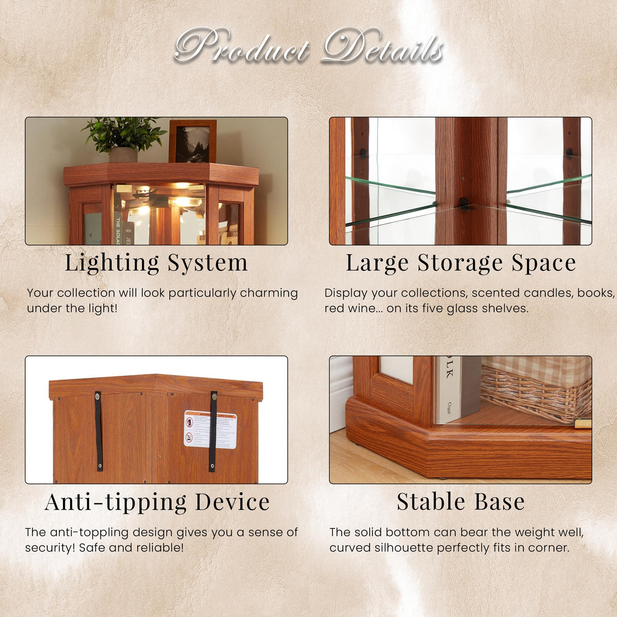 CKEASEAN Corner Curio Cabinet, 70" H Lighted Glass Display Cage with Tempered Glass Doors and Adjustable Shelves, Bulb Inclued, Wine Bar China Cabinet for Living Room Liquor Storage (Dark Oak) CKEASEAN