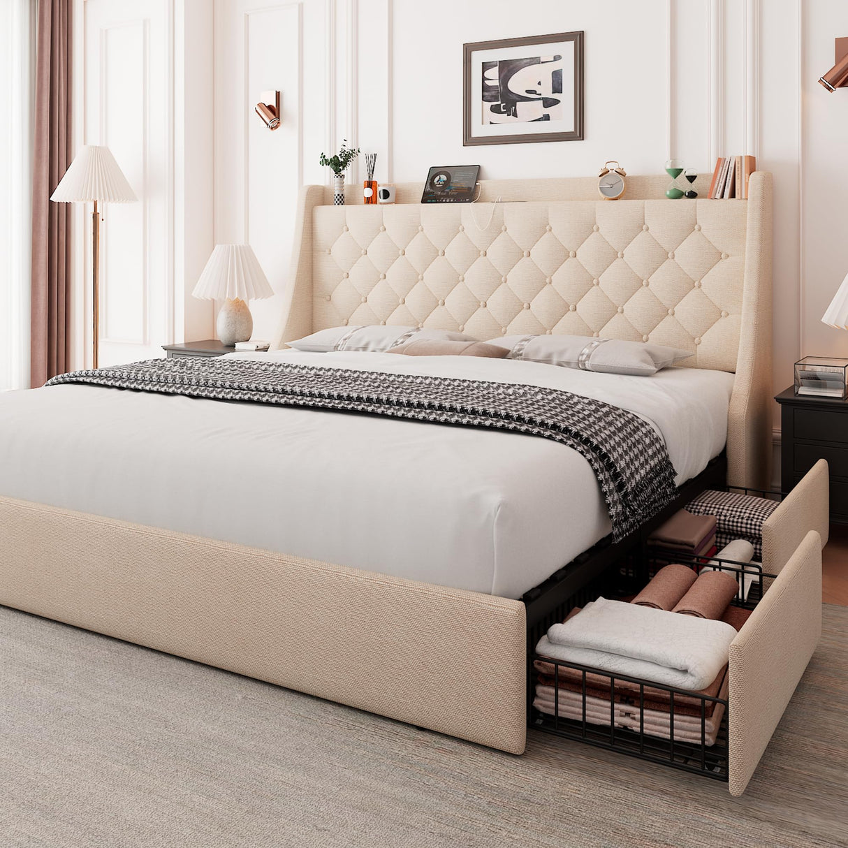 Feonase King Size Bed Frame with 4 Storage Drawers, Upholstered Storage Bed with Charging Station, Tufted Wingback Headboard, No Box Spring Needed, Beige Feonase