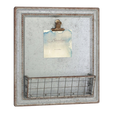 Stonebriar Rustic Galvanized Metal Magnetic Memo Board for Wall with Clip and Wire Basket
