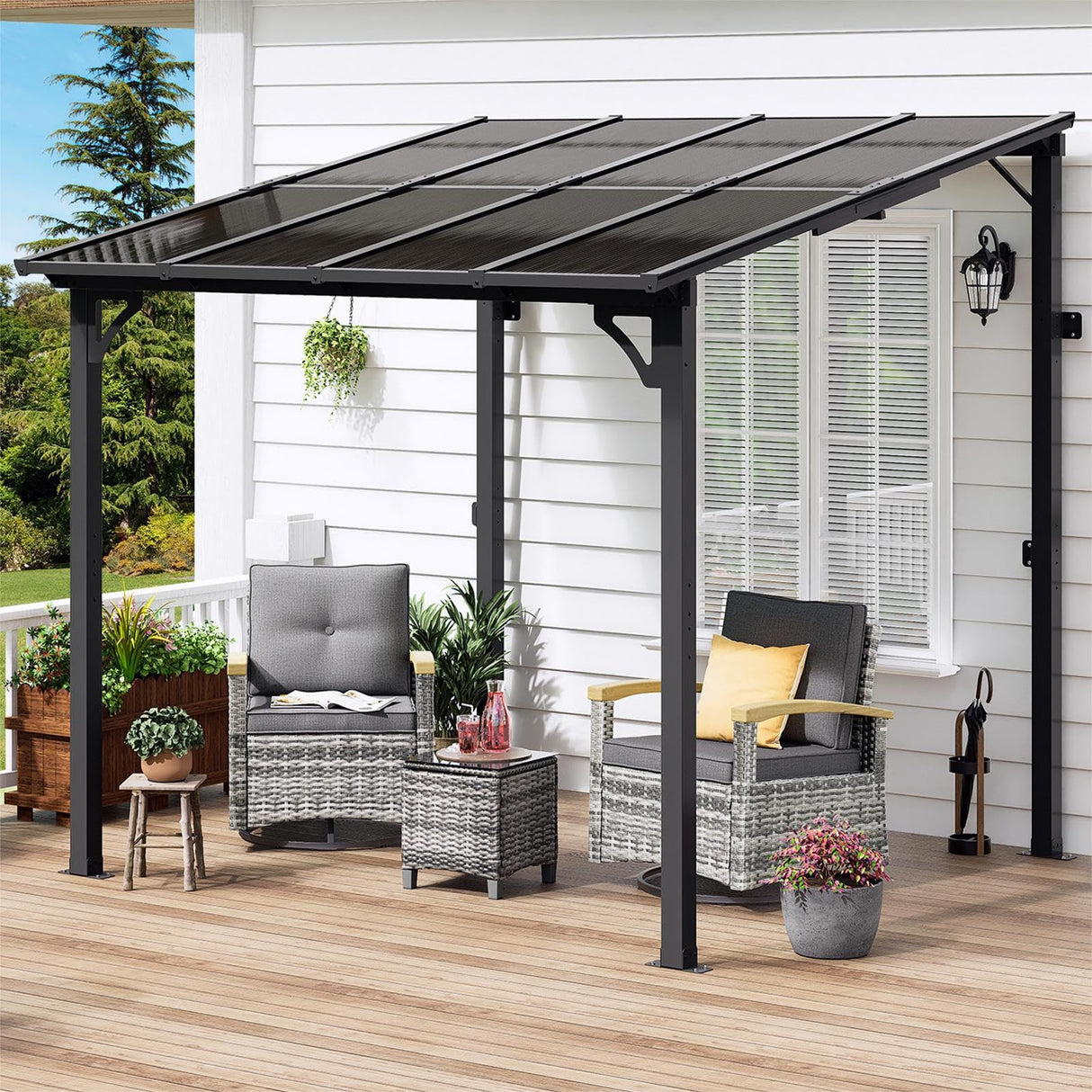 MEISSALIVVE 8' x 8' Gazebo, Wall Mounted Gazebo, Lean to Metal Awnings Gazebos, Gazebo Pergola with Sloped Roof, Outdoor Patio Gazebo Awning for Backyard, Deck, Black MEISSALIVVE