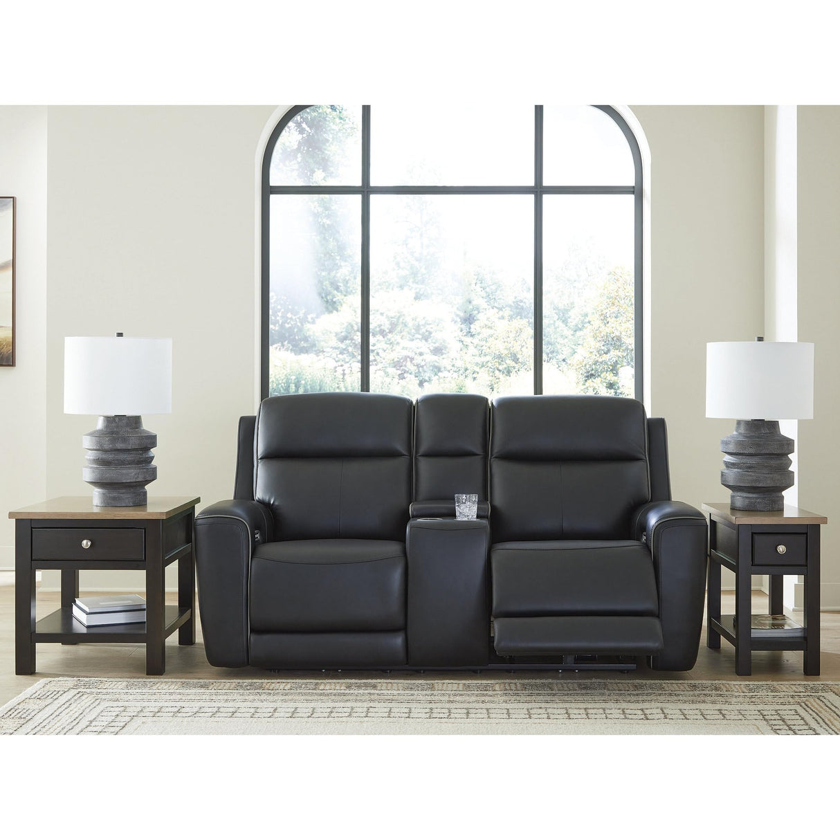 Signature Design by Ashley 5Z-Dreamlight Modern Leather Match Power Reclining Loveseat with Console, Adjustable Headrest and USB Charging, Black Signature Design by Ashley