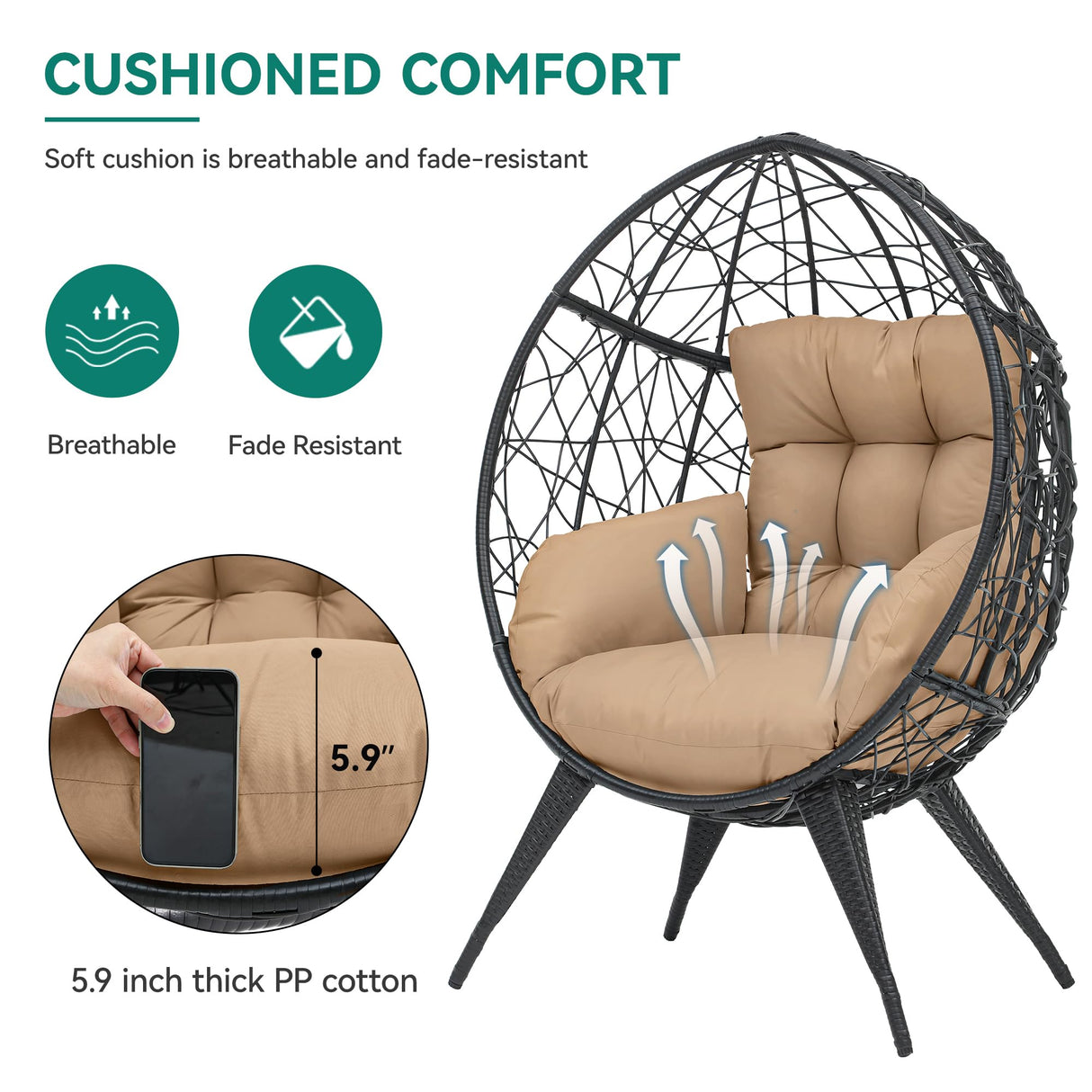 YITAHOME Large Wicker Egg Chair with Stand for Indoor and Outdoor, Cushion, and Adjustable Leveling Feet, Large Lounger for Garden, Patio, Balcony, Backyard,Supports up to 330lbs, Beige YITAHOME