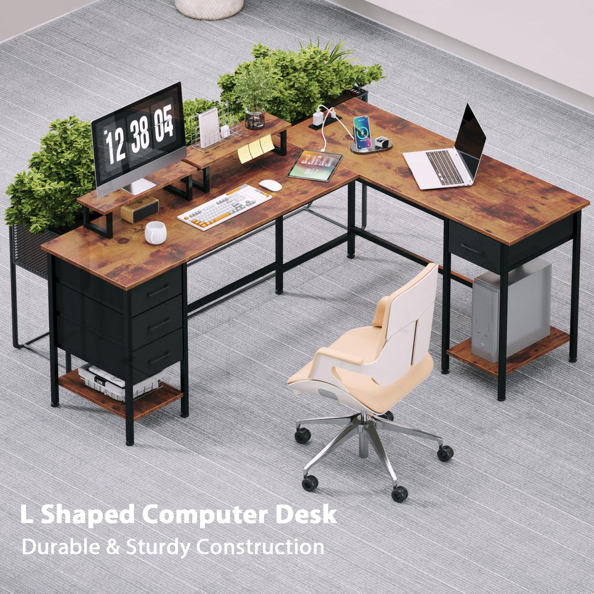 Korfile 66" L Shaped Computer Desk with Power Outlets, Home Office Desk with 4 Adjustable Storage Drawers & 2 Monitor Stands, Large Two Person Gaming Table for Writing Study, Rustic Brown Korfile