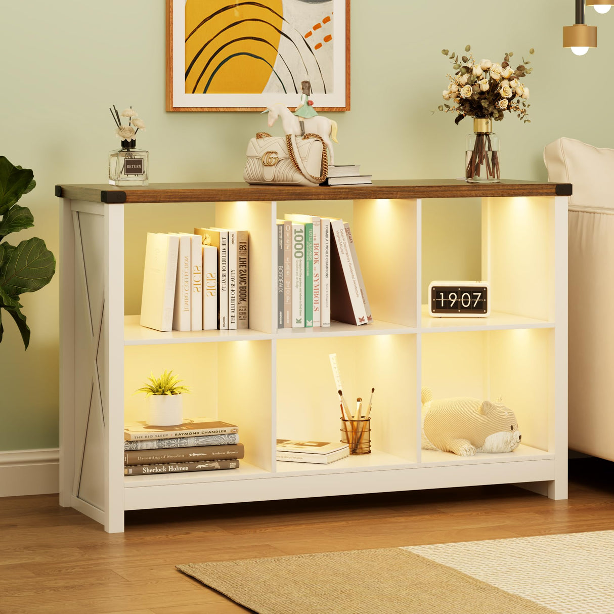 FREDEES Farmhouse White Bookcase with LED Lights – Mid Century Modern 6-Cube Shelf for Versatile Storage and Display FREDEES
