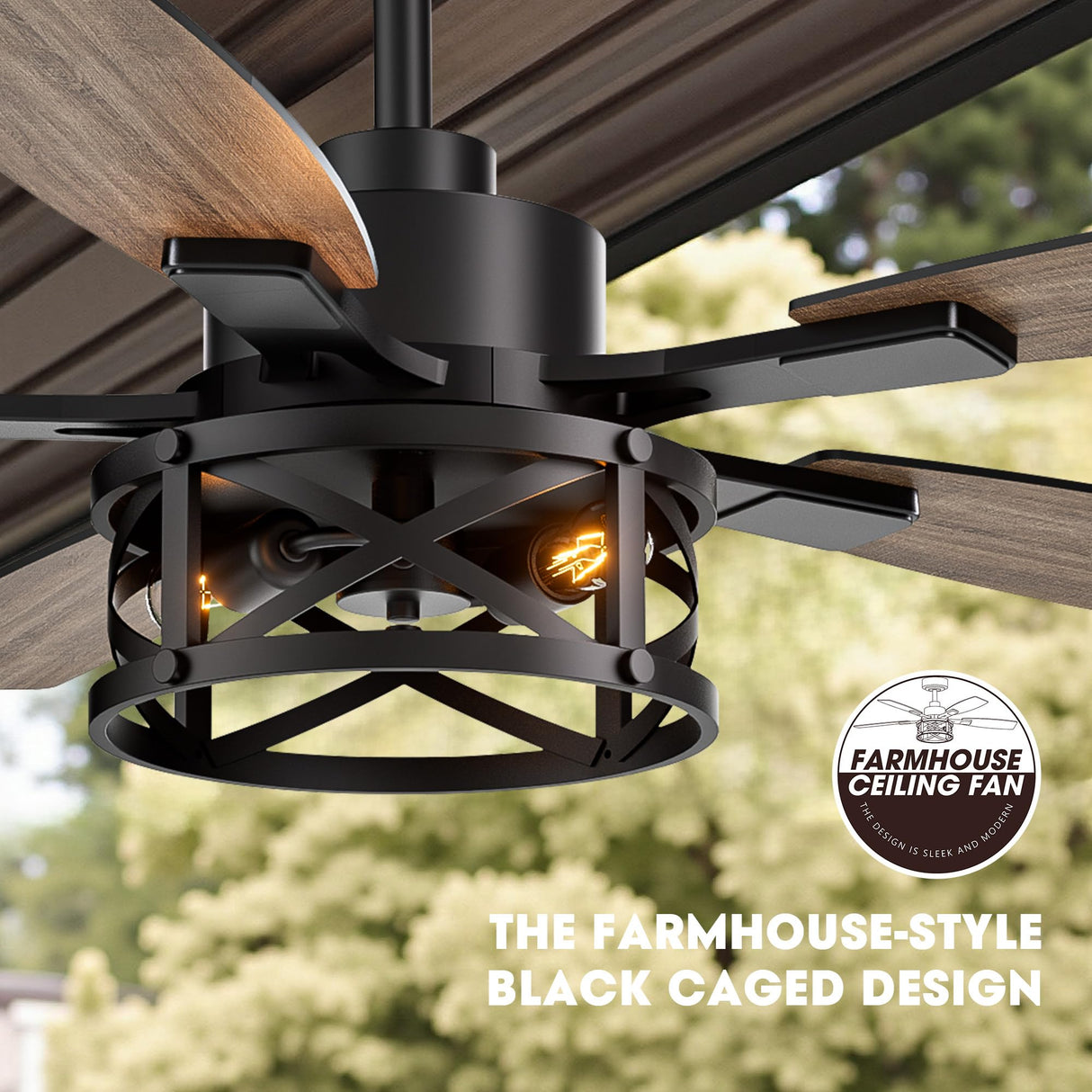 52 Inch Ceiling Fans with Lights and Remote & APP Control, Farmhouse Ceiling Fan with LED Lighting for Bedroom Living Room and Patio, Black Caged Ceiling Fan for Indoor and Outdoor(NO BULB) YouthDream