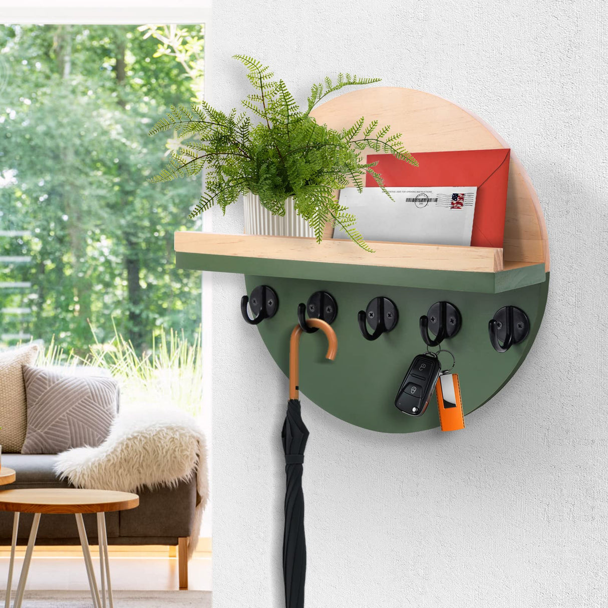 CRAKTH Key and Mail Holder for Wall Decorative, Wooden Boho Key Hanger with Shelf, Unique Two-Tone Circular Design Entryway Key Rack - Brown & Green CRAKTH