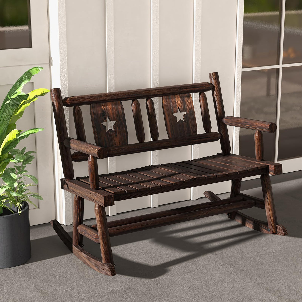 Giantex Outdoor Rocking Bench, Patio Loveseat Rocker for 2 w/Ergonomic Back & Log Arms, Carbonized Fir Wood Frame, Wooden Double Rocking Chair for Porch, Garden, 710 LB Capacity, Rustic Brown Giantex