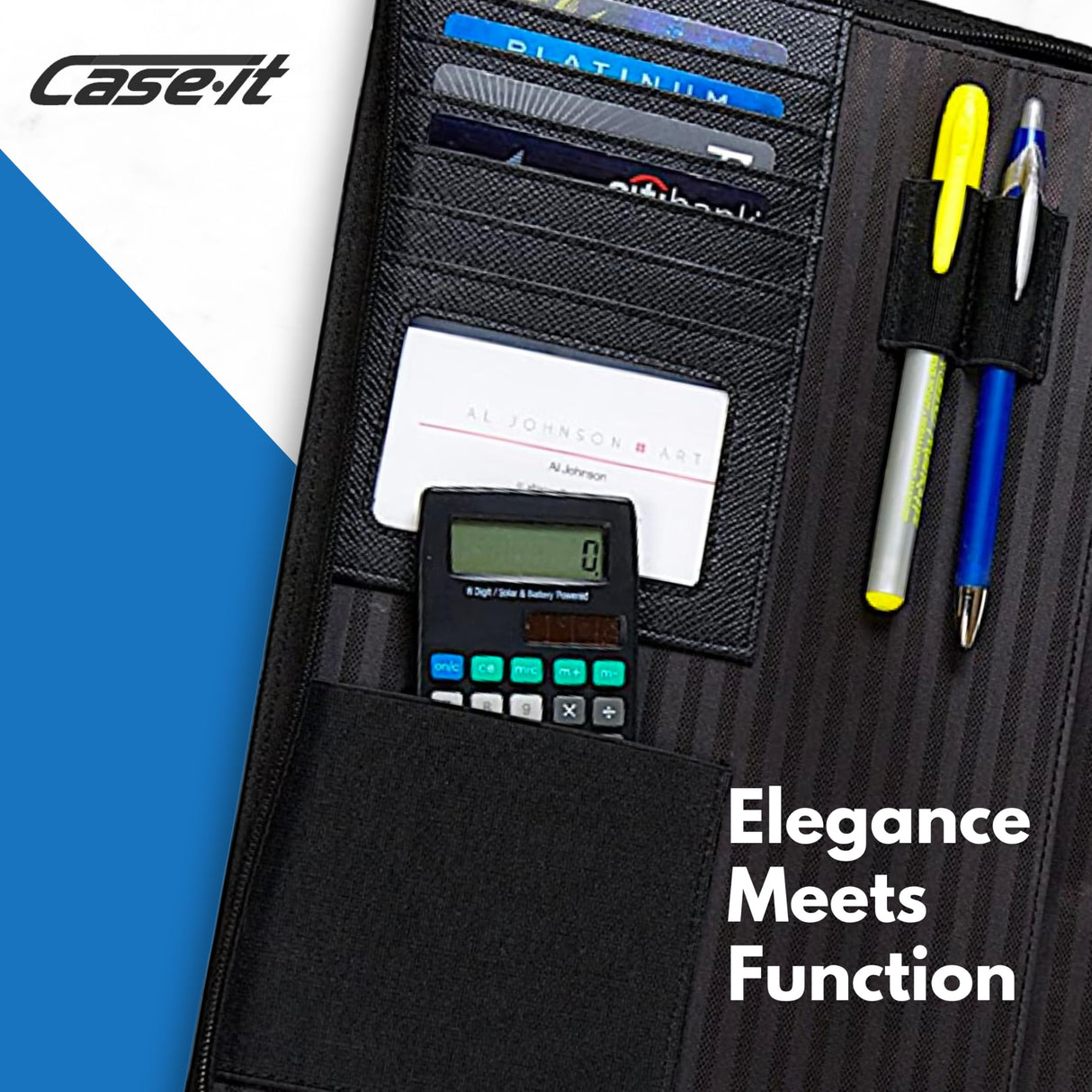 Case-it Executive Zipper Padfolio with Removable 3-Ring Binder and Letter Size Writing Pad, Pebbled Faux Leather Black (PAD-40) Case it