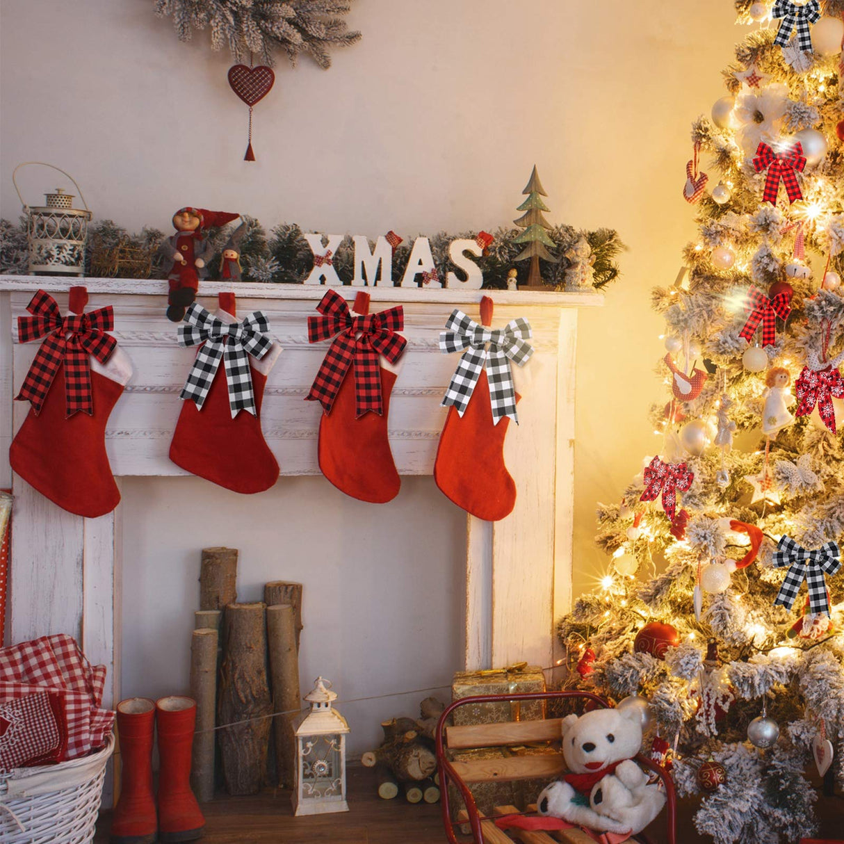 Boao 6 Rolls Christmas Wired Ribbons 2.5 Inch x 24 Yards Buffalo Red White Black Plaid Ribbons Vintage Truck Trees Glittered Snowflake Wired Edge Ribbon for Christmas DIY Wrapping Wedding Floral Craft Boao