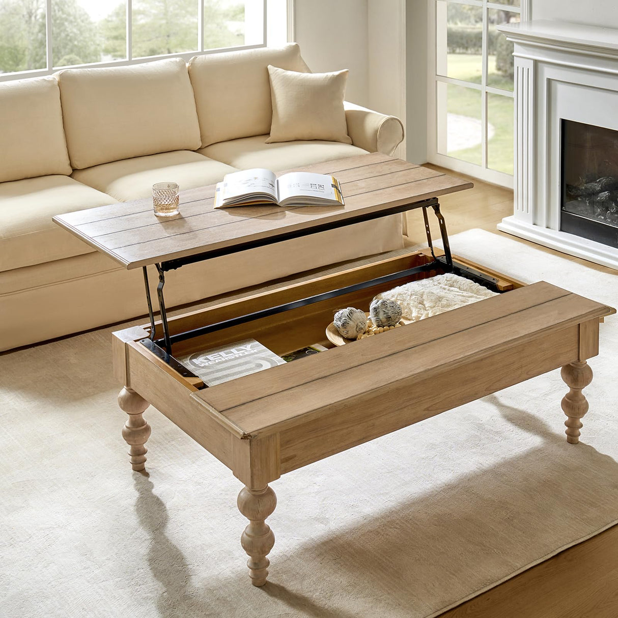 HULALA HOME Coffee Table Lift Top with Storage, Gourd-Shaped Legs, Wood Convertible Table for Living Room, Natural HULALA HOME