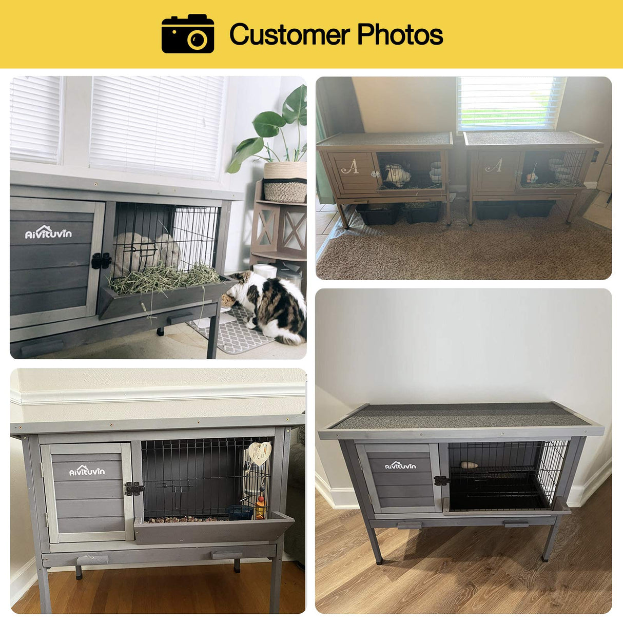 Aivituvin Outdoor Rabbit Hutch, Wooden Bunny Cages Indoor with Deeper Leakproof Tray - Upgrade with Metal Wire Pan Aivituvin