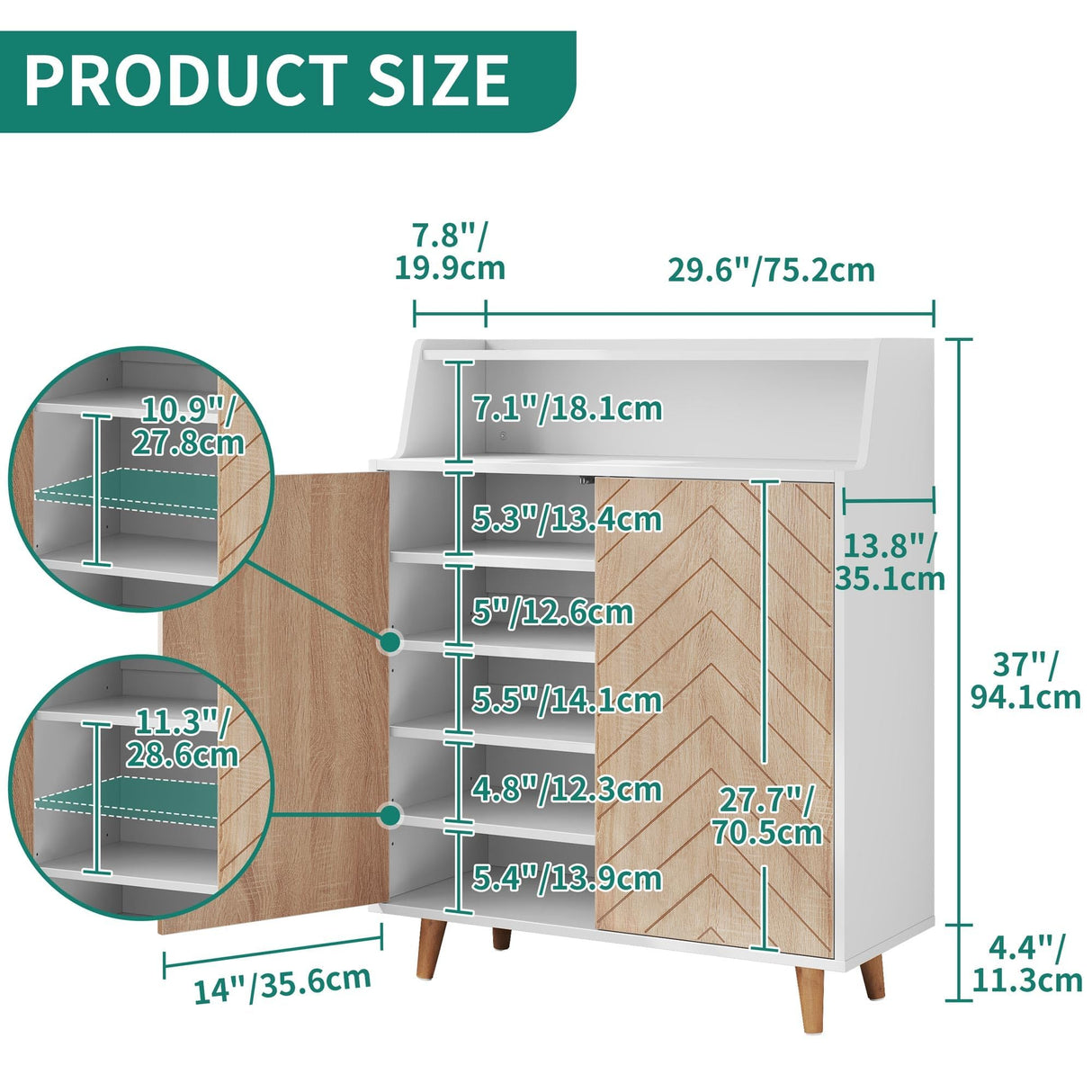 YITAHOME Shoe Cabinet with Doors, 5-Tier Shoe Storage Cabinet with Open Shelves, Large Capacity Wooden Shoes Rack Organizer with Pine Wood Legs for Entryway/Hallway/Closet, White YITAHOME
