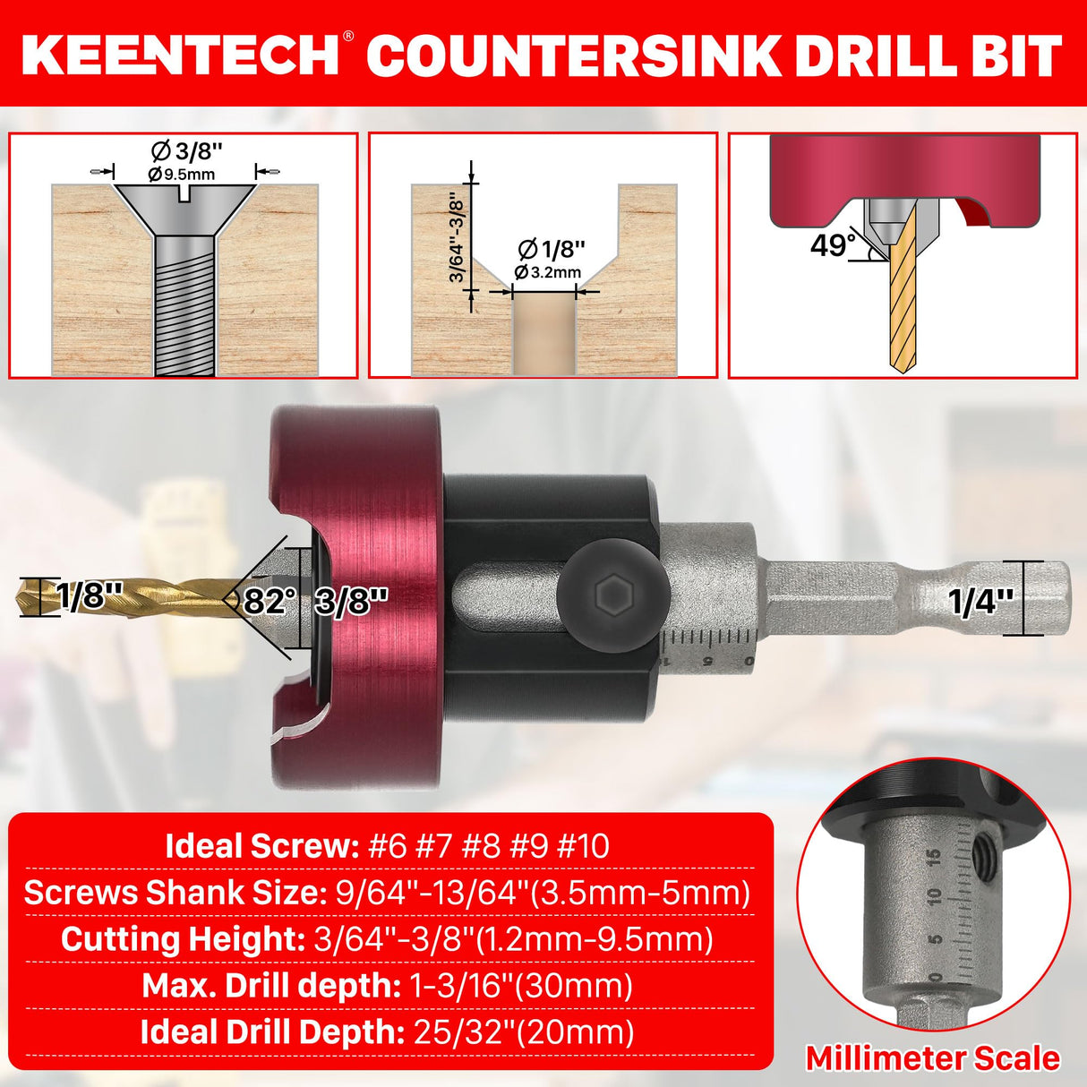 KEENTECH Carbide Tipped 82° Countersink Drill Bit with Depth Stop, 3/8" Dia x 1/8" Drill Diameter x 1/4" Shank, Adjustable Depth Stop with Ball Bearing for High Fine Finish on Softwood and Hardwood KEENTECH
