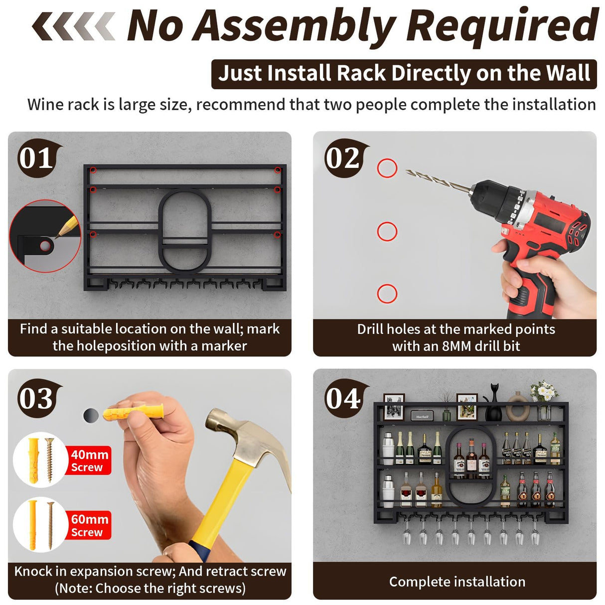 3-Tiers 47in Wine Rack Wall Mounted with LED Light, Floating Bar Shelves for Liquor Bottles Metal Industrial Display Shelf for Home Kitchen Bar Cafe Decoration, No Assembly Required Boshen