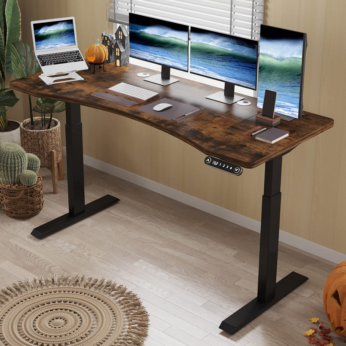 BUNOEM Dual Motor 63x30 Height Adjustable Electric Standing Desk,Height Stand Up Computer Desk,Sit and Stand Home Office Desk with Splice Board,(Rustic Brown Top, Black Frame) BUNOEM